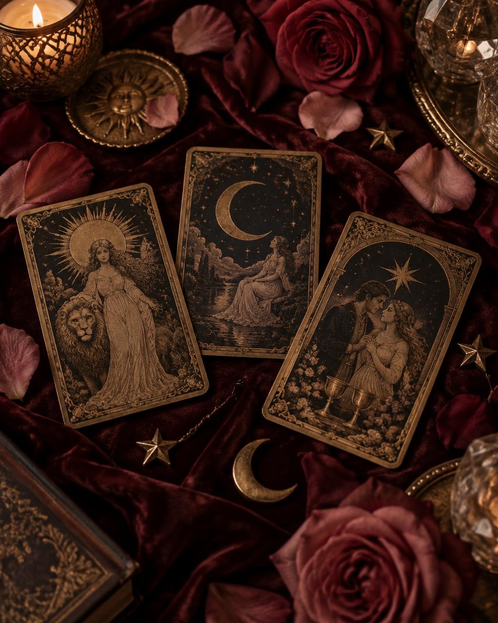 Cartas de tarot entre rosas sobre veludo bordô